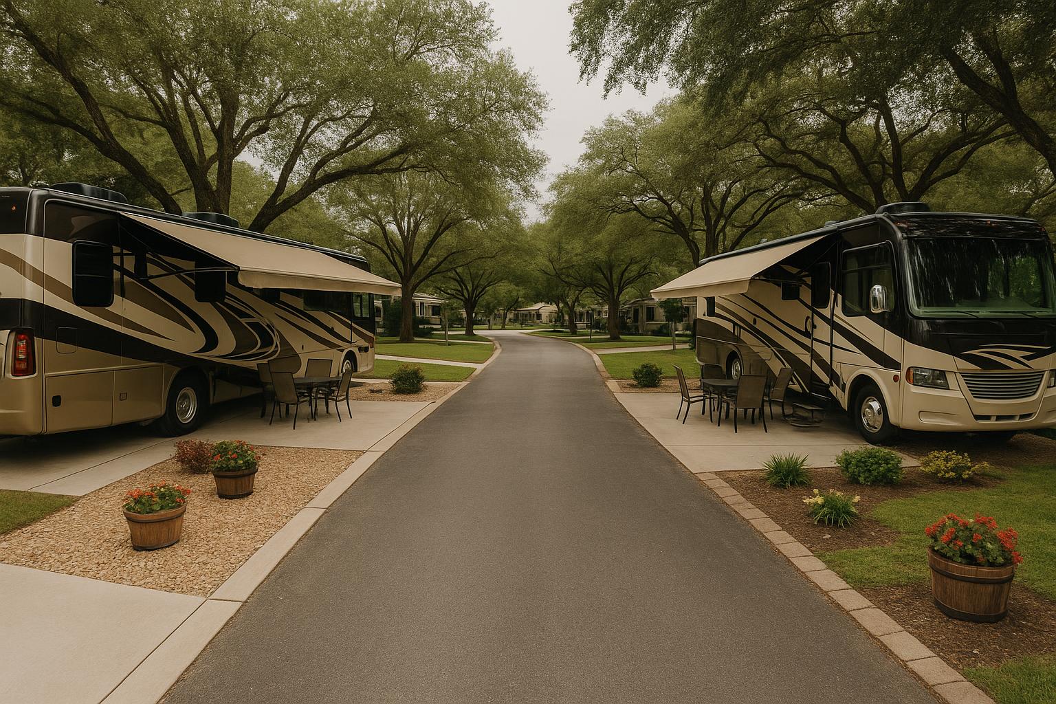 Aerial view of a spacious RV community spread across green acres with generous spacing between sites and natural landscaping