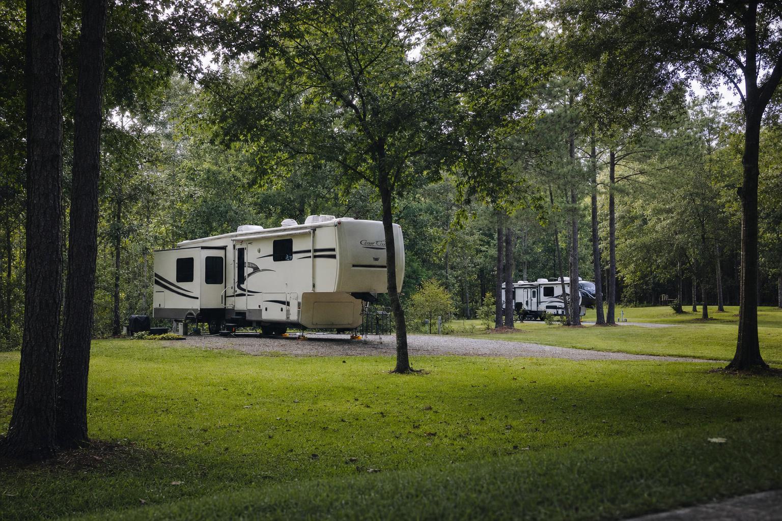 Single or small grouping of RVs on individual lots with mature trees, privacy, natural landscaping, golden hour light