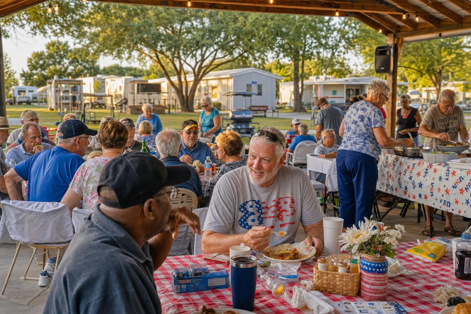 Residents gathered for community meal, activity, or social event, diverse ages, genuine interaction, outdoor or covered pavilion